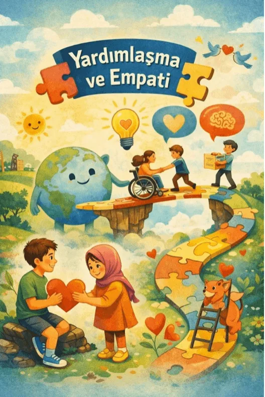 Yardımlaşma ve Empati temalı proje afişi: gülümseyen dünya figürü, yapboz parçalarından kurulu bir köprü ve birbirine yardım eden çocuk çizimleri